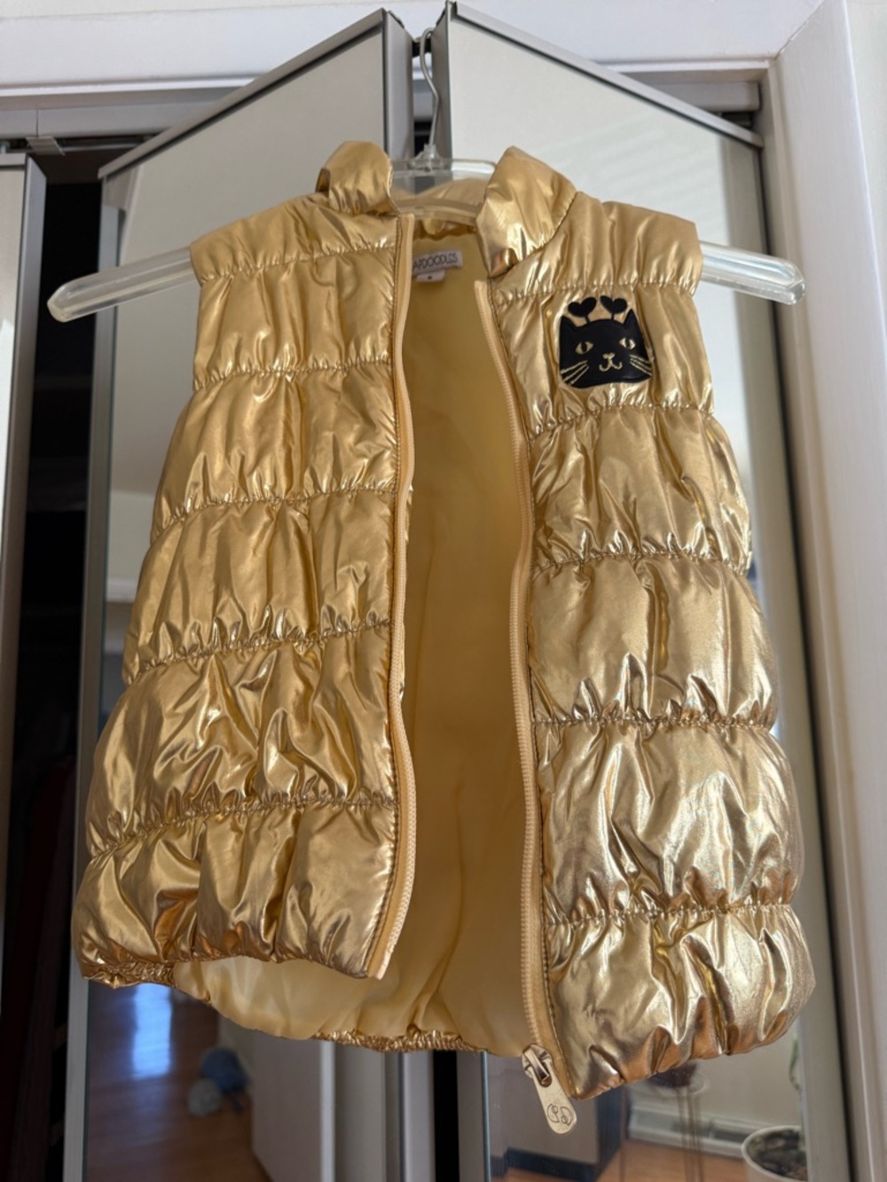 Flapdoodles Metallic Gold Puffer Vest with Cat Patch